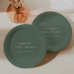 Assiettes En Carton HANNAH Sage Green Boho Moderne Baby shower simple<br><div class="desc">Ces plaques de papier baby shower de la collection Hannah, vert sauge, sont parfaites pour un baby shower minimal. Le design vert foncé de la forêt présente une typographie boho moderne et sans ornement avec un style minimaliste unique. Personnalisez vos assiettes de baby shower avec le nom de la future...</div>