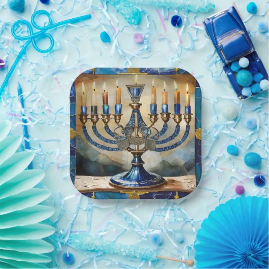 Assiettes En Carton Hanoukka bleue Menorah (Fête)