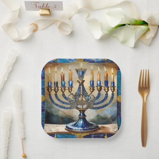 Assiettes En Carton Hanoukka bleue Menorah (Mariage)