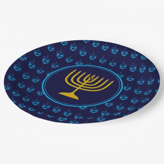 Assiettes En Carton HANOUKKA Dreidel Menorah Israel Argent bleu (Angle)