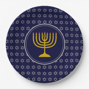 Assiettes En Carton HANOUKKA Star of David Menorah Blue Silver