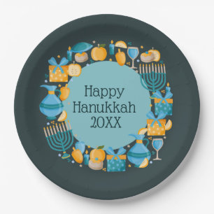 Assiettes En Carton Hanoukka Wreath Blue
