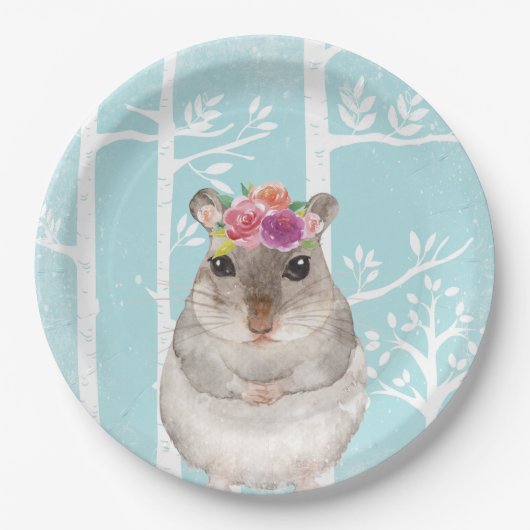 Assiettes En Carton Happy Animal avec Fleurs dans Blue Forest-Hamster (Devant)