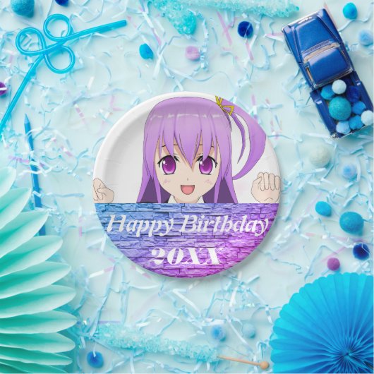 Assiettes En Carton Happy Birthday fun pink violet anime  (Fête)