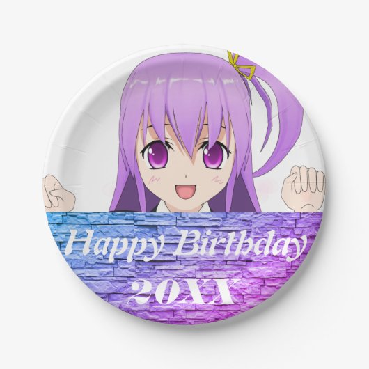 Assiettes En Carton Happy Birthday fun pink violet anime  (Devant)