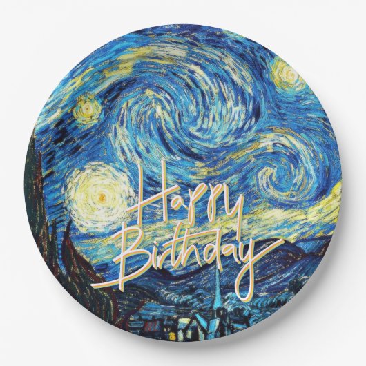 Assiettes En Carton Happy Birthday, Starry Night fine art, (Devant)