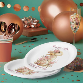 Assiettes En Carton Happy Easter Spring Pink and Yellow Flowers Bunny