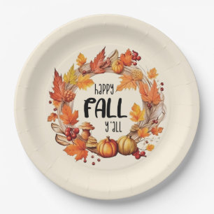 Assiettes En Carton Happy Fall Y'all - Citrouille & Autumn Leaves Wrea