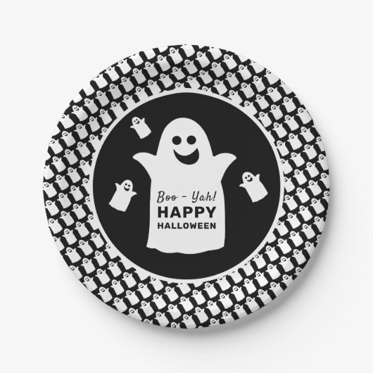 Assiettes En Carton Happy Ghost, Black Halloween Party (Devant)