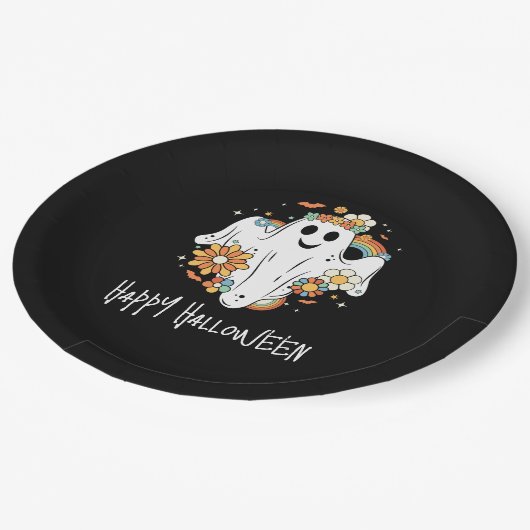 Assiettes En Carton Happy Ghost Retro Hippie Vibe Halloween (Angle)