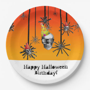 Assiettes En Carton Happy Halloween crânes d'anniversaire en casquette