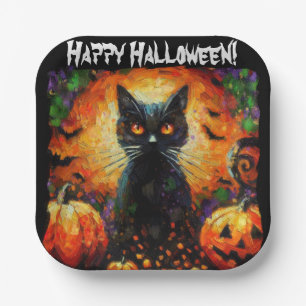 Assiettes En Carton Happy Halloween Noir Chat chauves Citrouilles