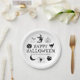 Assiettes En Carton Happy Halloween nom personnalisé noir blanc éffray
