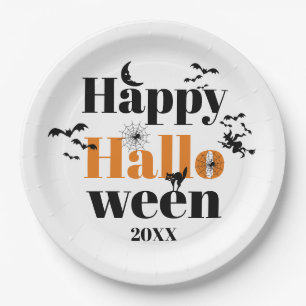 Assiettes En Carton Happy Halloween typographie avec éléments vintages
