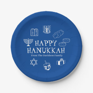 Assiettes En Carton Happy Hanoukka bleu & blanc nom de famille personn