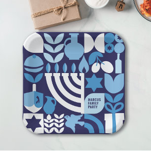 Assiettes En Carton Happy Hanoukka Personnalisé Menorah & Stars Modern