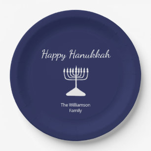 Assiettes En Carton Happy Hanoukka Simple Menorah Blue