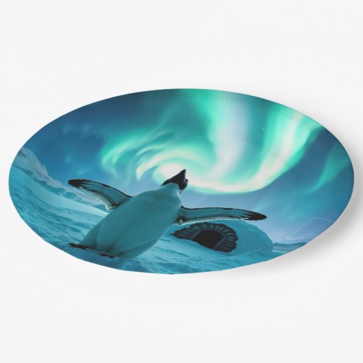 Assiettes En Carton Happy Holidays Penguin Under Northern Lights (Angle)