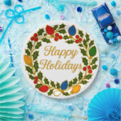 Assiettes En Carton Happy Holidays Wreath Christmas Lights and Holly (Fête)