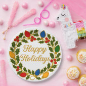 Assiettes En Carton Happy Holidays Wreath Christmas Lights and Holly (Fête)