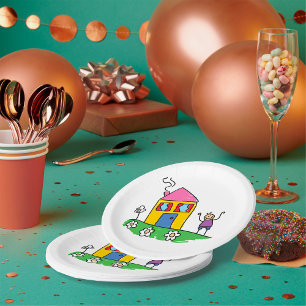 Assiettes En Carton Happy Home Colorful House et Stick Figure