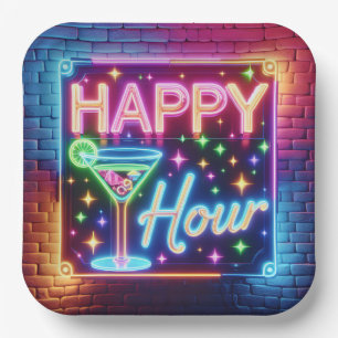 Assiettes En Carton Happy Hour Sign On Rainbow Brick