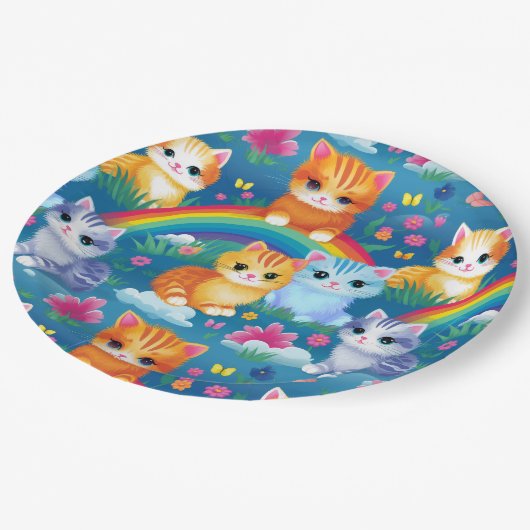 Assiettes En Carton Happy Kitty Cats on Rainbow Clouds (Angle)