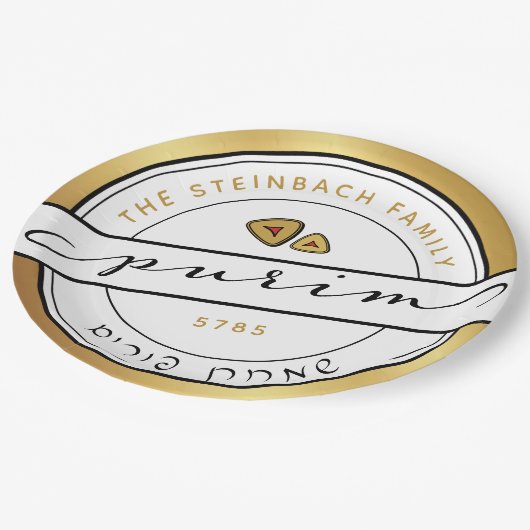 Assiettes En Carton HAPPY PURIM Script Personnalisé Plaque en papier (Angle)