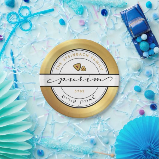 Assiettes En Carton HAPPY PURIM Script Plaque personnalisée avec or (Fête)