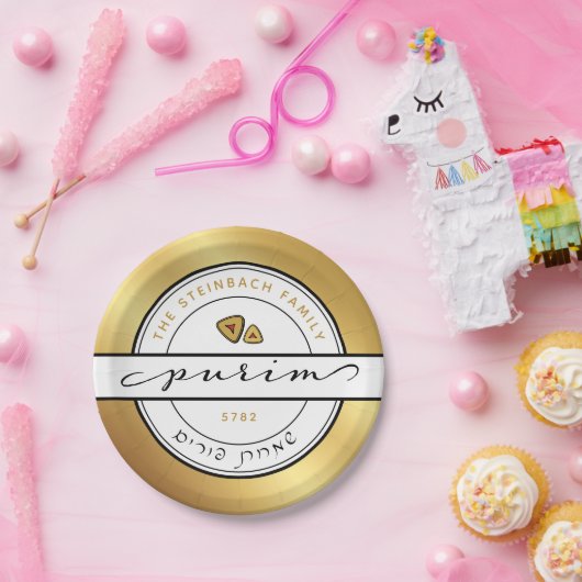 Assiettes En Carton HAPPY PURIM Script Plaque personnalisée avec or (Fête)