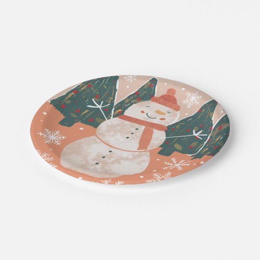Assiettes En Carton Happy Snowman Plaque en papier (Angle)