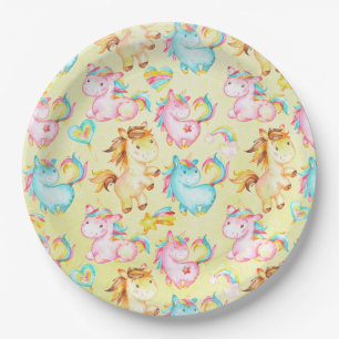 Assiettes En Carton Happy Unicorns Motif-Unicorn Amour en Jaune