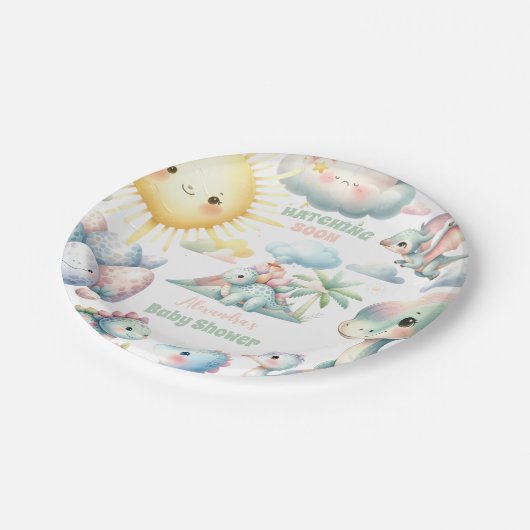 Assiettes En Carton Hatching Pastel Whimsical Bientôt Baby shower Dino (Angle)