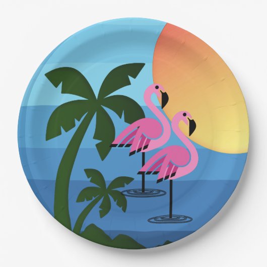 Assiettes En Carton Hawaiian Luau Party Flamingo Palm Trees (Devant)