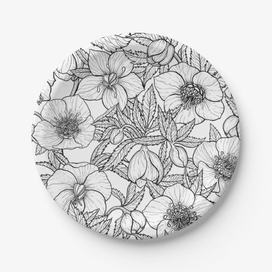 Assiettes En Carton Hellebores en noir et blanc (Devant)