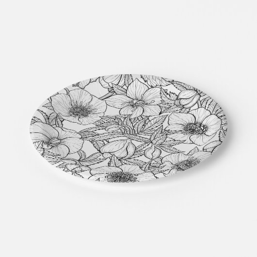 Assiettes En Carton Hellebores en noir et blanc (Angle)