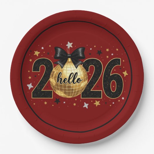 Assiettes En Carton Hello 2026 Red Glitter Sparkle Design (Devant)