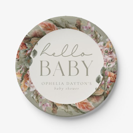 Assiettes En Carton HELLO BABY | Botanique Sage Boho (Devant)
