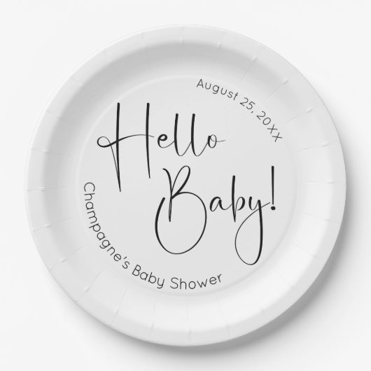 Assiettes En Carton Hello Baby Modern Script Baby shower (Devant)