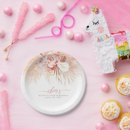 Assiettes En Carton Herbe des Pampas Fleurs en Terracotta Tropical Che (Fête)