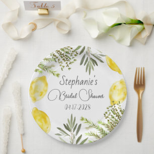 Assiettes En Carton Herbes botaniques Citrons Douche de Mariée Aquarel