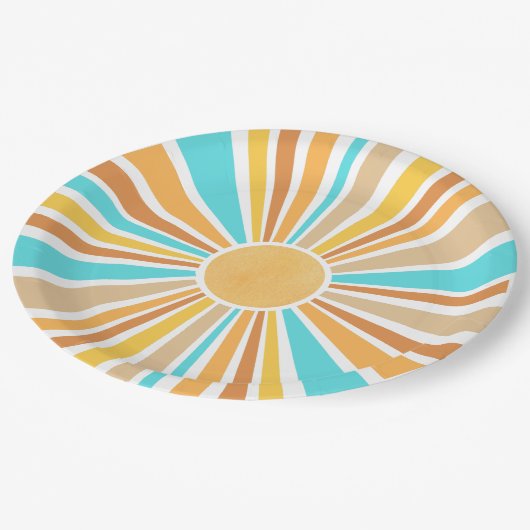 Assiettes En Carton Here Comes The Son, Retro Boho Rainbow Round (Angle)