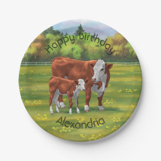 Assiettes En Carton Hereford Cow & Cute Calf dans les pâturages d'été