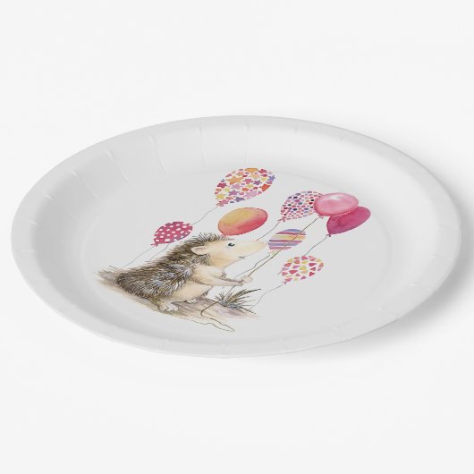 Assiettes En Carton Hérisson avec ballons roses (Angle)