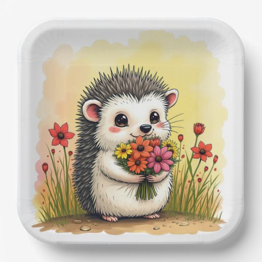 Assiettes En Carton Hérisson Avec Bouquet Fleur (Recto)