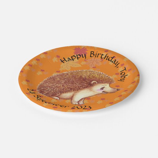 Assiettes En Carton Hérisson mignon avec feuilles oranges (Angle)