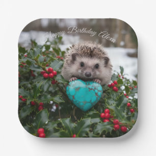 Assiettes En Carton Hérisson mignon de décembre avec cœur turquoise