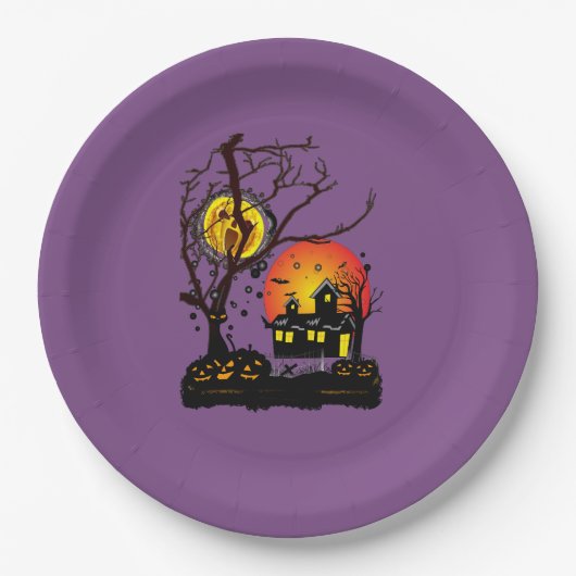 Assiettes En Carton Heure de fête d'Halloween en violet (Devant)