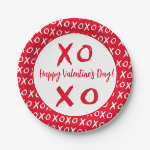 Assiettes En Carton Heureuse Sainte-Valentin motif XOXO blanc rouge