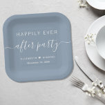 Assiettes En Carton Heureusement Jamais Après La Réception De Mariage<br><div class="desc">Plaques de papier bleu poussiéreux pour votre réception de mariage et autres célébrations post-mariages qui présentent "Happily Ever After Party" dans une simple typographie blanche moderne et un élégant script blanc avec des swashes,  vos prénoms unis par un coeur et votre date de réception.</div>